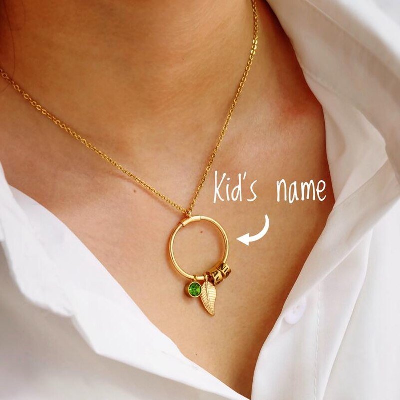 Personalized Necklace Leaf Engraved Beads Charms for Mothers Day - CustomGrace