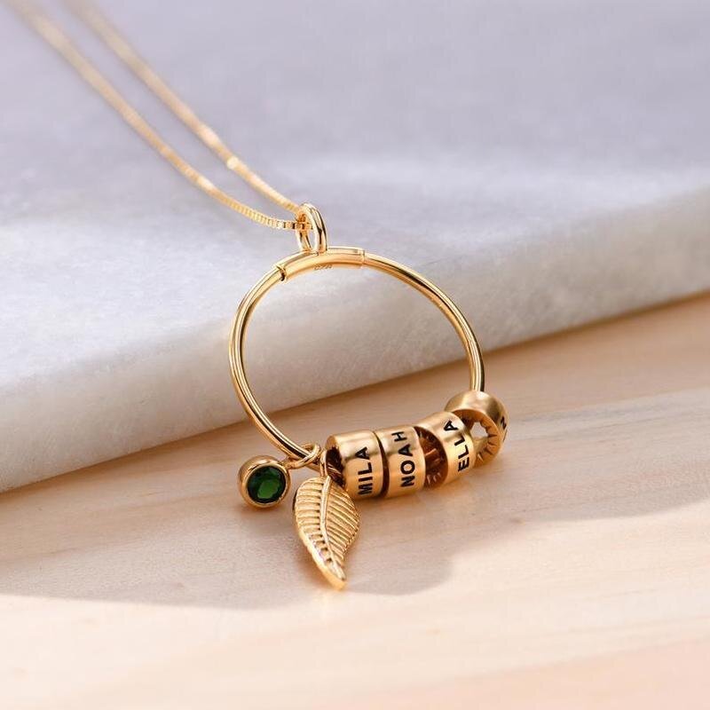 Personalized Necklace Leaf Engraved Beads Charms for Mothers Day - CustomGrace