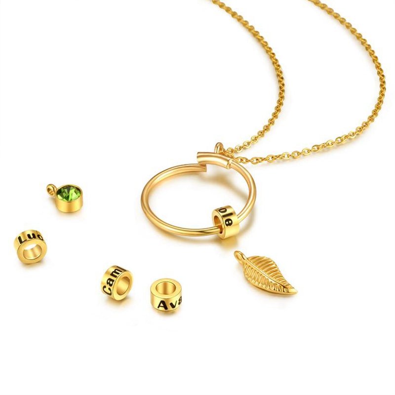 Personalized Necklace Leaf Engraved Beads Charms for Mothers Day - CustomGrace